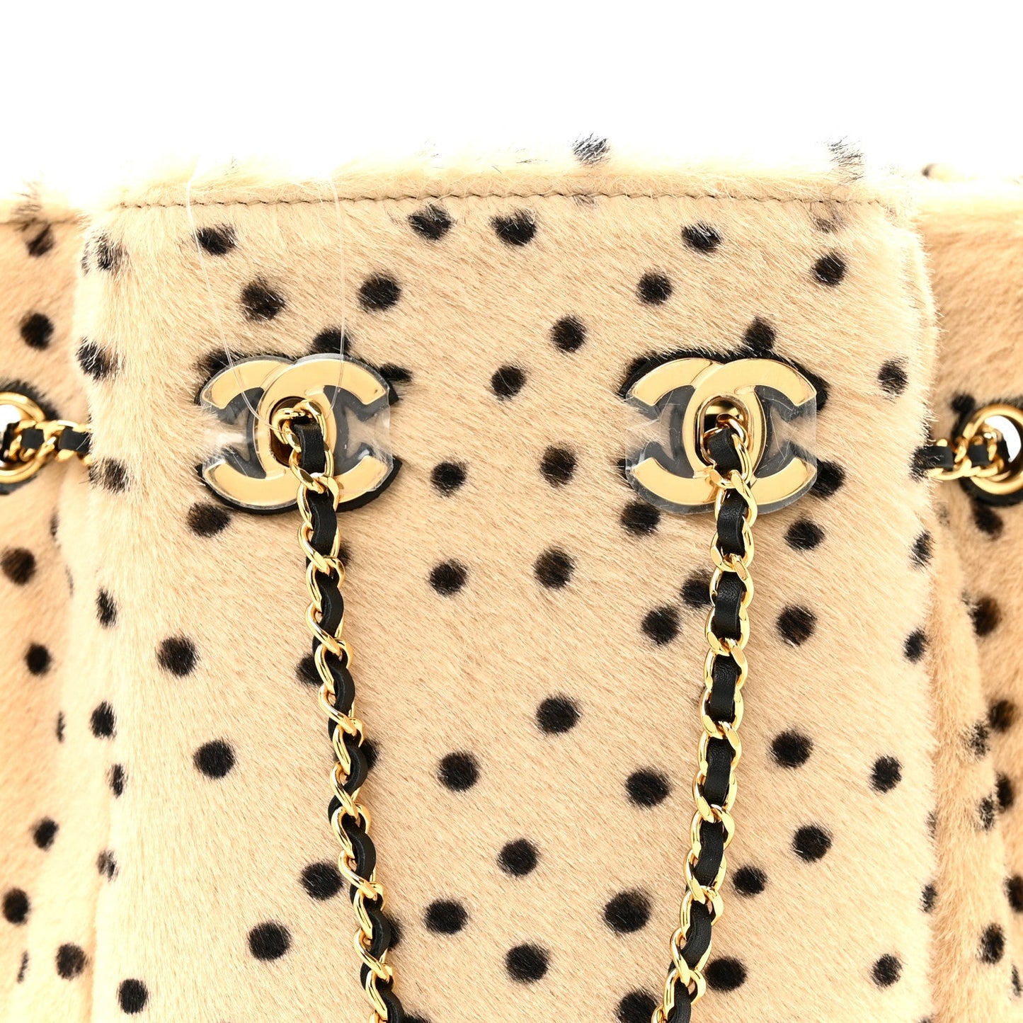 Pony Hair Cheetah Printed CC Chain Bucket Bag Light Beige Black