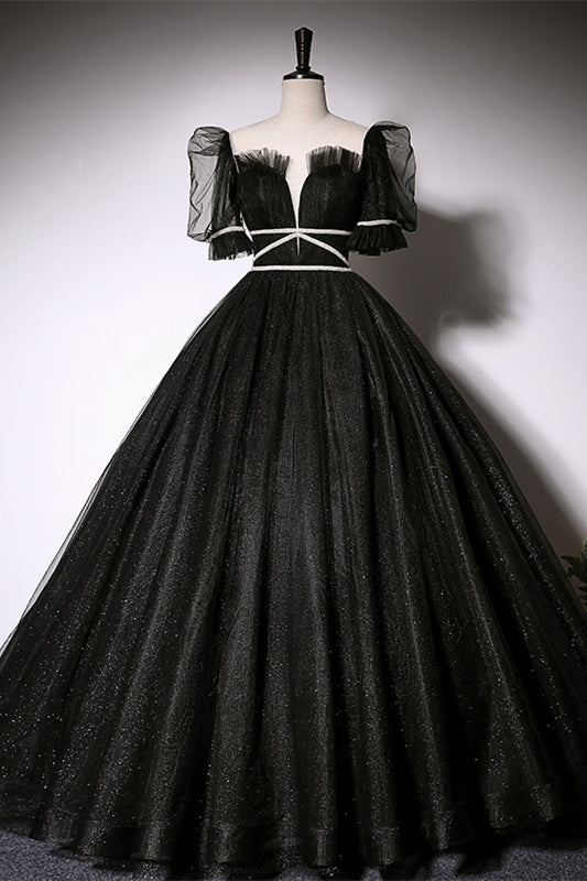Glitter Tulle A-Line Short Sleeves Beaded Empire Formal Prom Gown