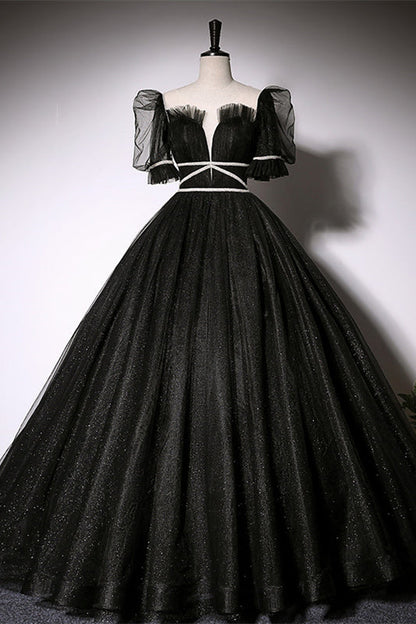Glitter Tulle A-Line Short Sleeves Beaded Empire Formal Prom Gown