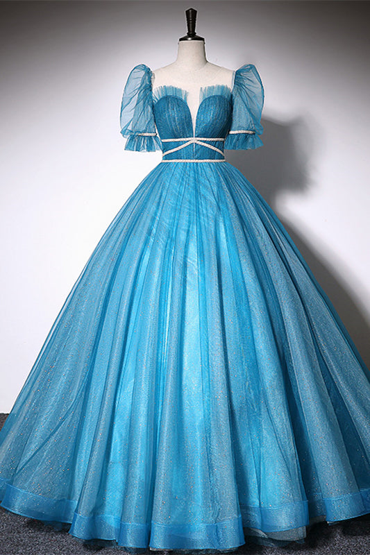 Glitter Tulle A-Line Short Sleeves Beaded Empire Formal Prom Gown