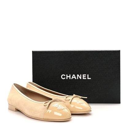 Suede Patent Calfskin Cap Toe CC Ballerina Flats 39.5 Beige