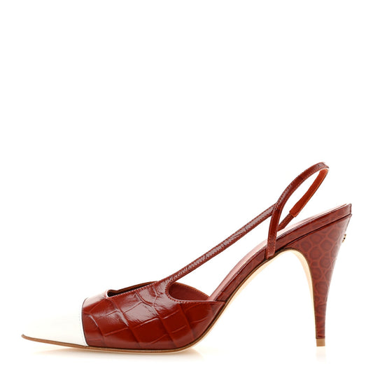 Calfskin Crocodile Embossed Patent Cap Toe Slingback Pumps 40 Dark Red White