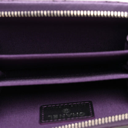 Metallic Lambskin Quilted Zip Around Coin Purse Wallet Dark Purple