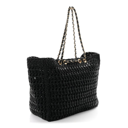 Raffia Effect Calfskin Coco Beach Shopping Tote Black