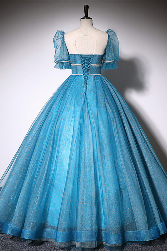 Glitter Tulle A-Line Short Sleeves Beaded Empire Formal Prom Gown