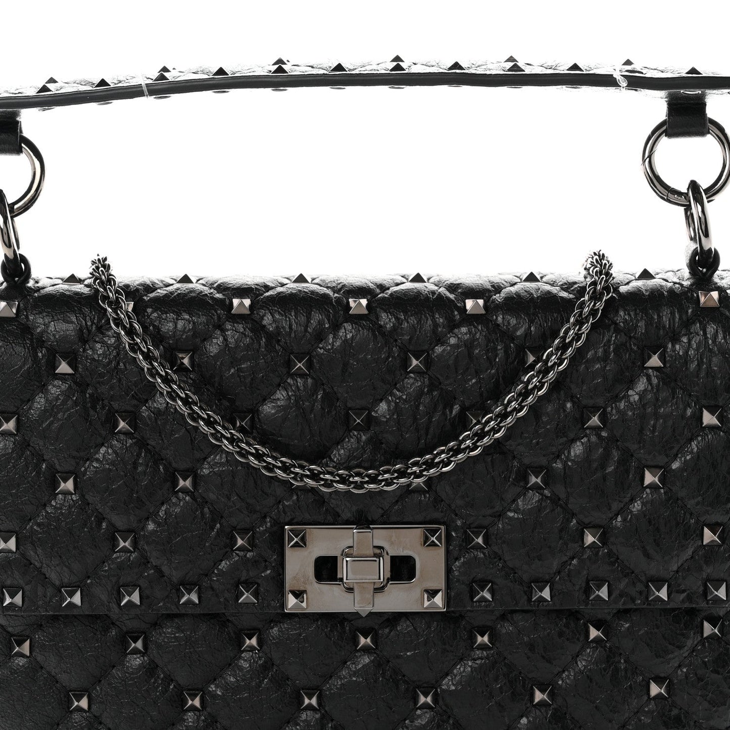 Craquele Nappa Medium Rockstud Spike Shoulder Bag Black