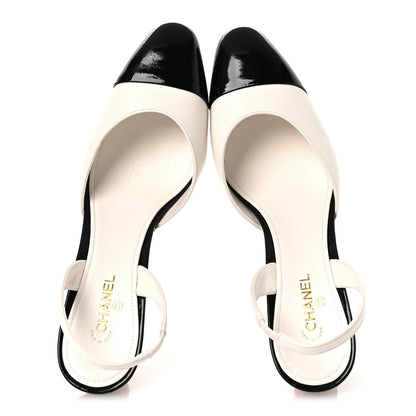 Lambskin Patent Calfskin Cap Toe CC Apple Slingback Pumps 40 White Black