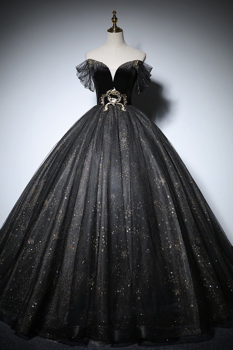 Sweetheart Off-Shoulder Tulle A-Line Sparkly Prom Gown
