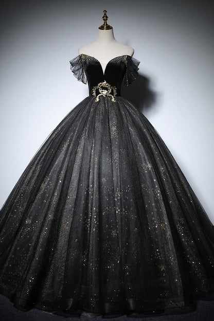Sweetheart Off-Shoulder Tulle A-Line Sparkly Prom Gown