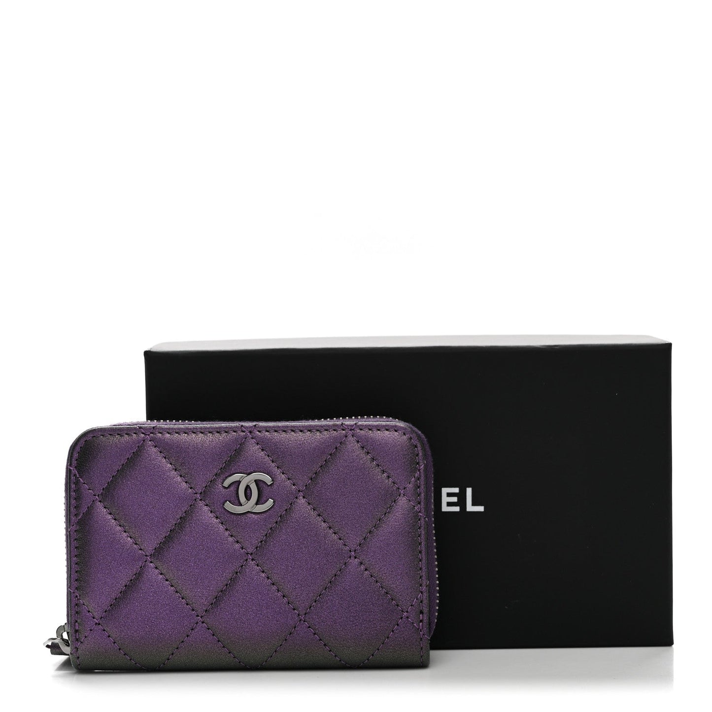 Metallic Lambskin Quilted Zip Around Coin Purse Wallet Dark Purple