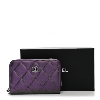 Metallic Lambskin Quilted Zip Around Coin Purse Wallet Dark Purple