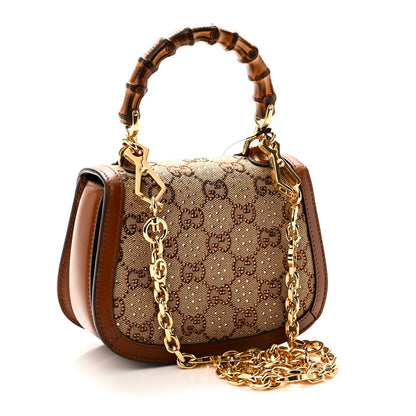New Canvas Charisma Calfskin Crystal GG Monogram Small Bamboo 1947 Top Handle Bag Camel Ebony