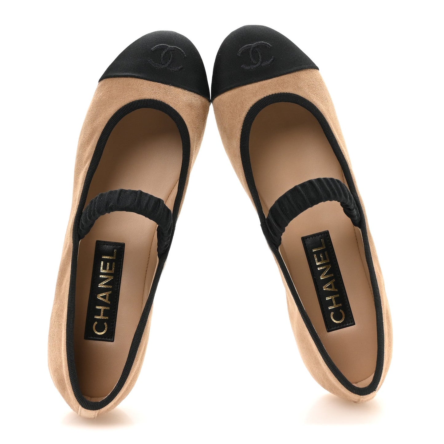 Suede Kidskin Grosgrain Mary Jane Flats 38 Beige Black