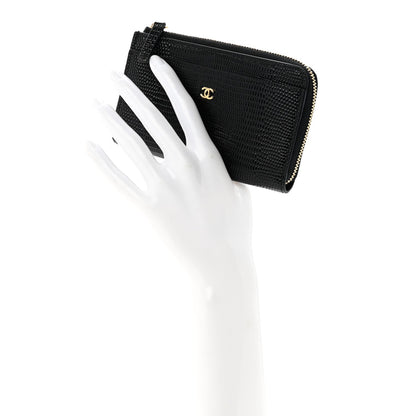 Calfskin Lizard Embossed Zip Card Holder Black