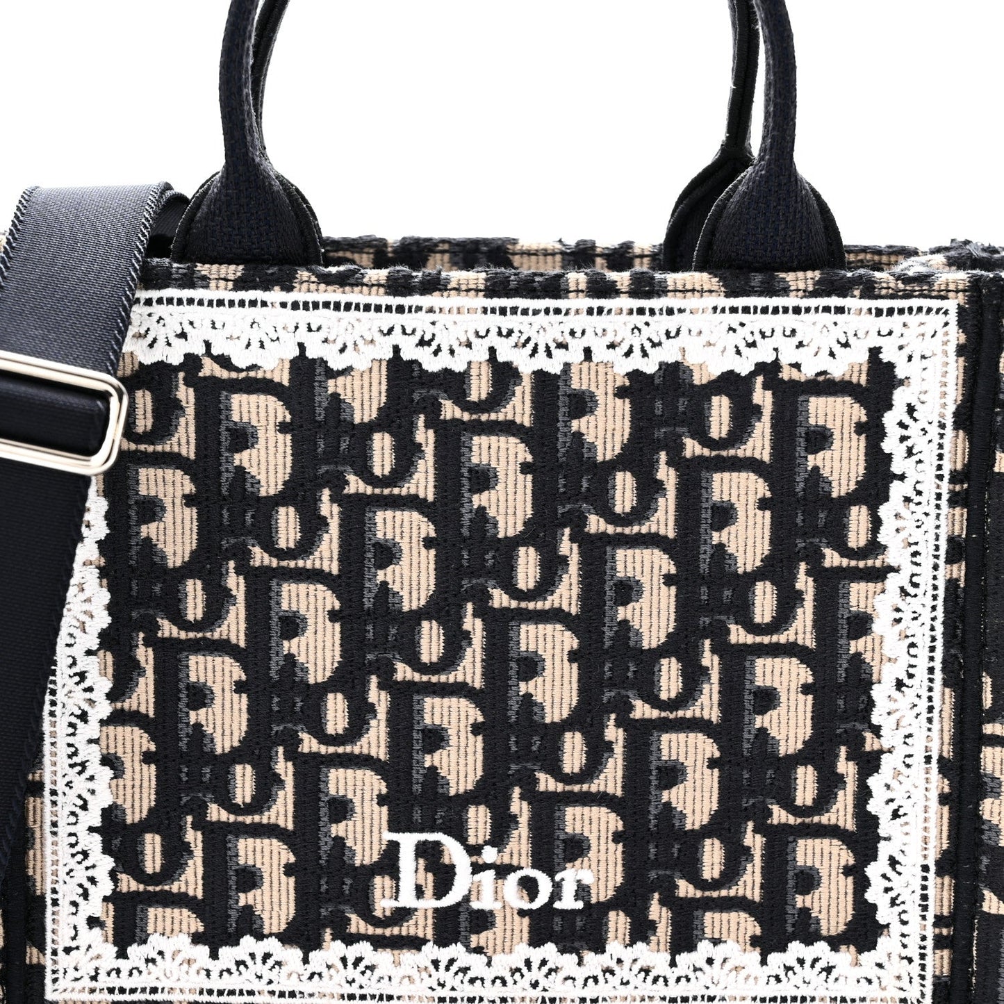 Oblique Embroidered Lace Mini Book Tote With Strap Blue White