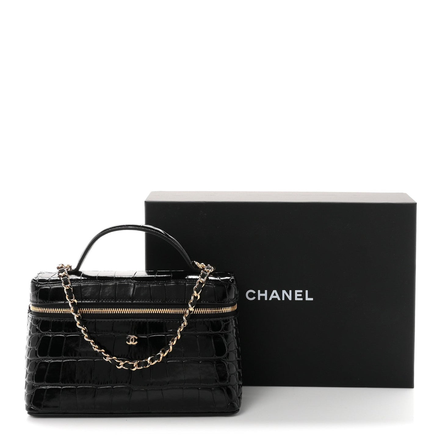 Calfskin Crocodile Embossed Crococo Top Handle Slim Vanity Case With Chain Black