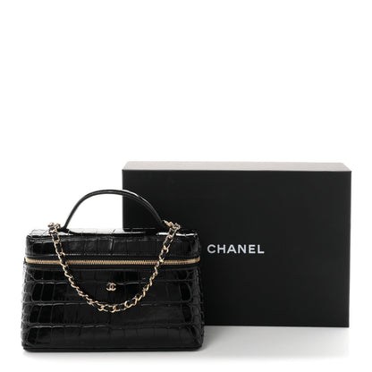 Calfskin Crocodile Embossed Crococo Top Handle Slim Vanity Case With Chain Black