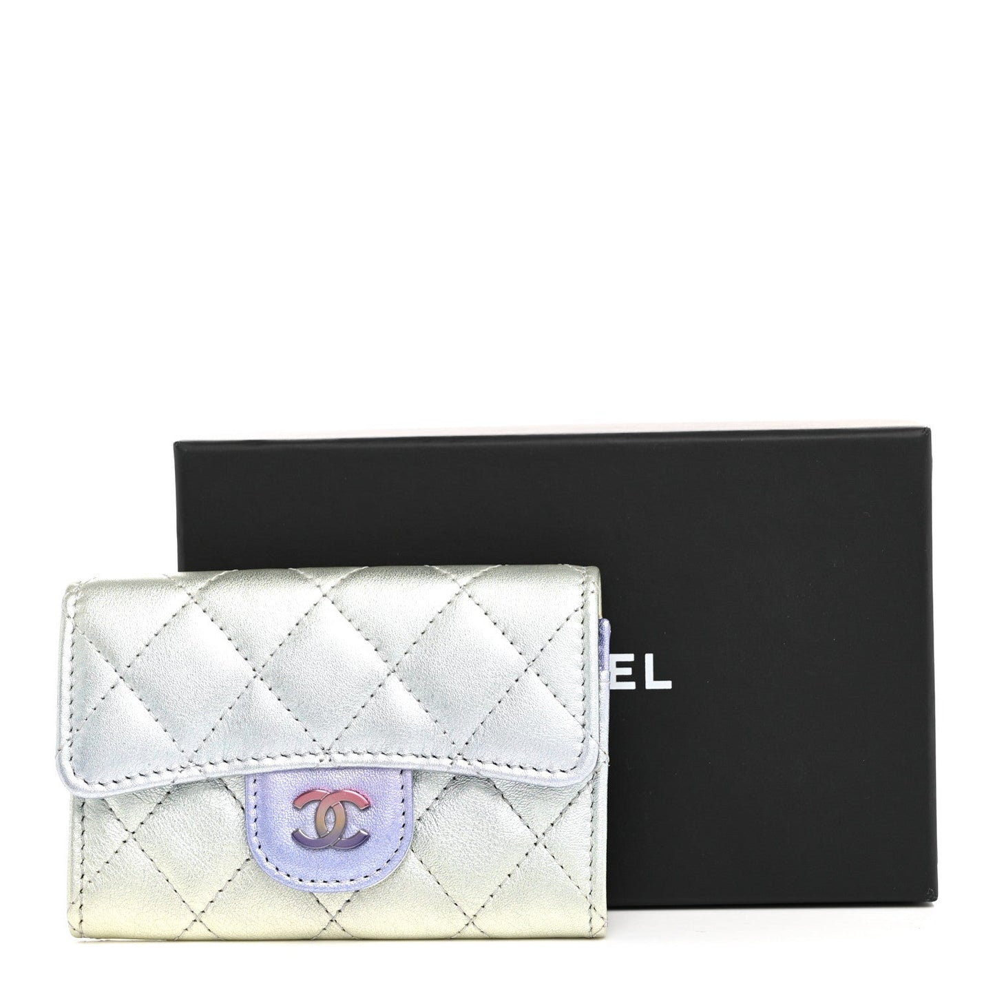 Gradient Metallic Calfskin Quilted Flap Card Holder Wallet Silver Blue Yellow Purple