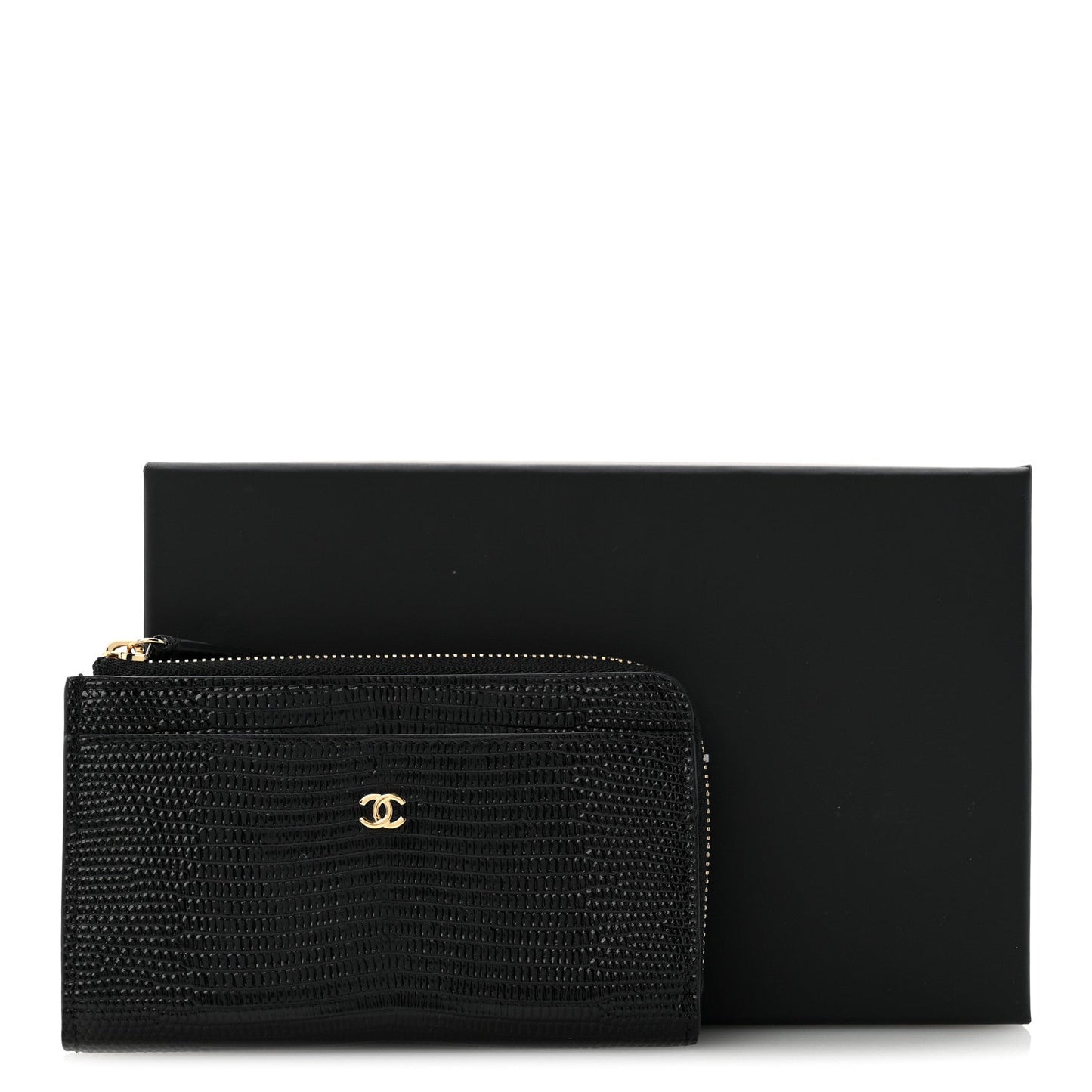 Calfskin Lizard Embossed Zip Card Holder Black
