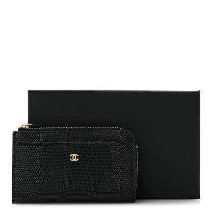 Calfskin Lizard Embossed Zip Card Holder Black