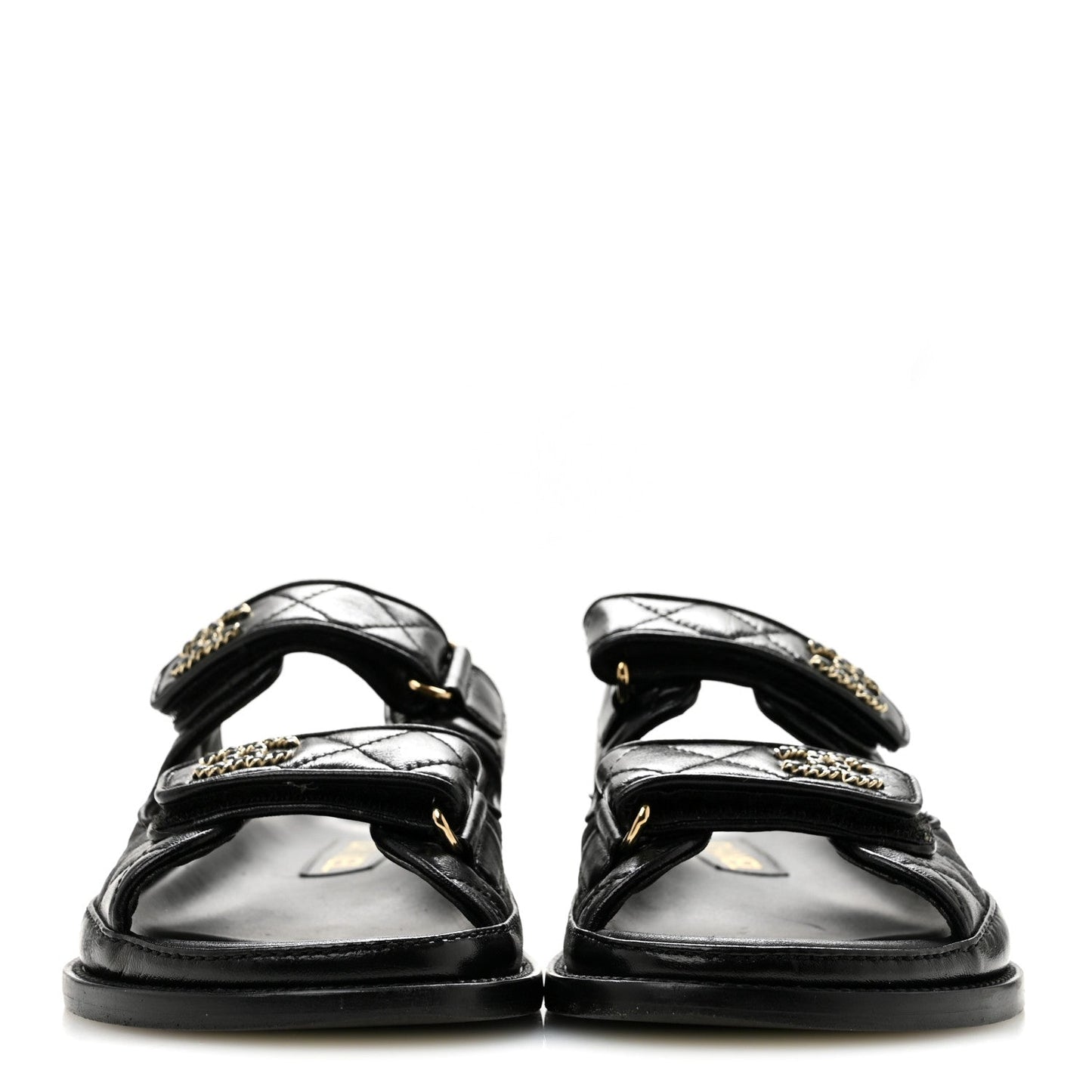 Lambskin Quilted Velcro Dad Chain CC Slide Sandals 36 Black