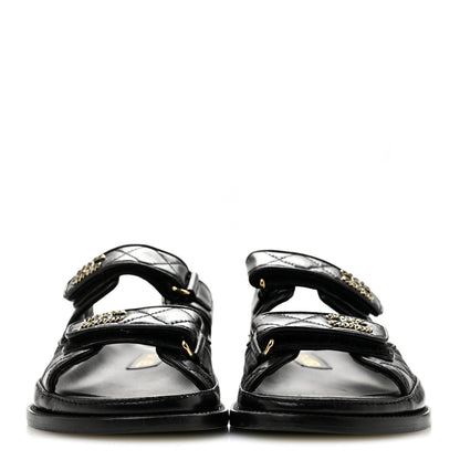 Lambskin Quilted Velcro Dad Chain CC Slide Sandals 36 Black