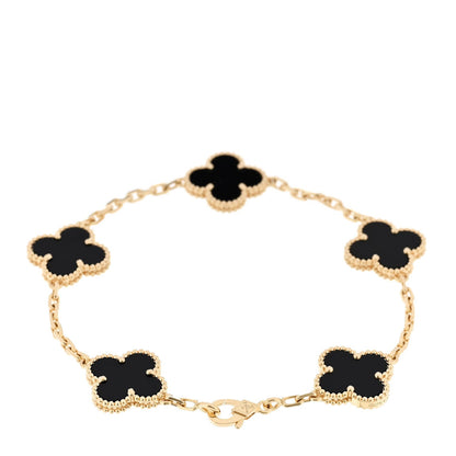 18K Yellow Gold Black Onyx 5 Motifs Vintage Alhambra Bracelet