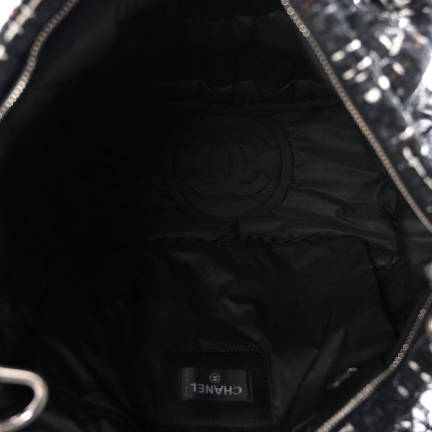 Tweed Nylon Embossed Large Doudoune Bowling Bag Black