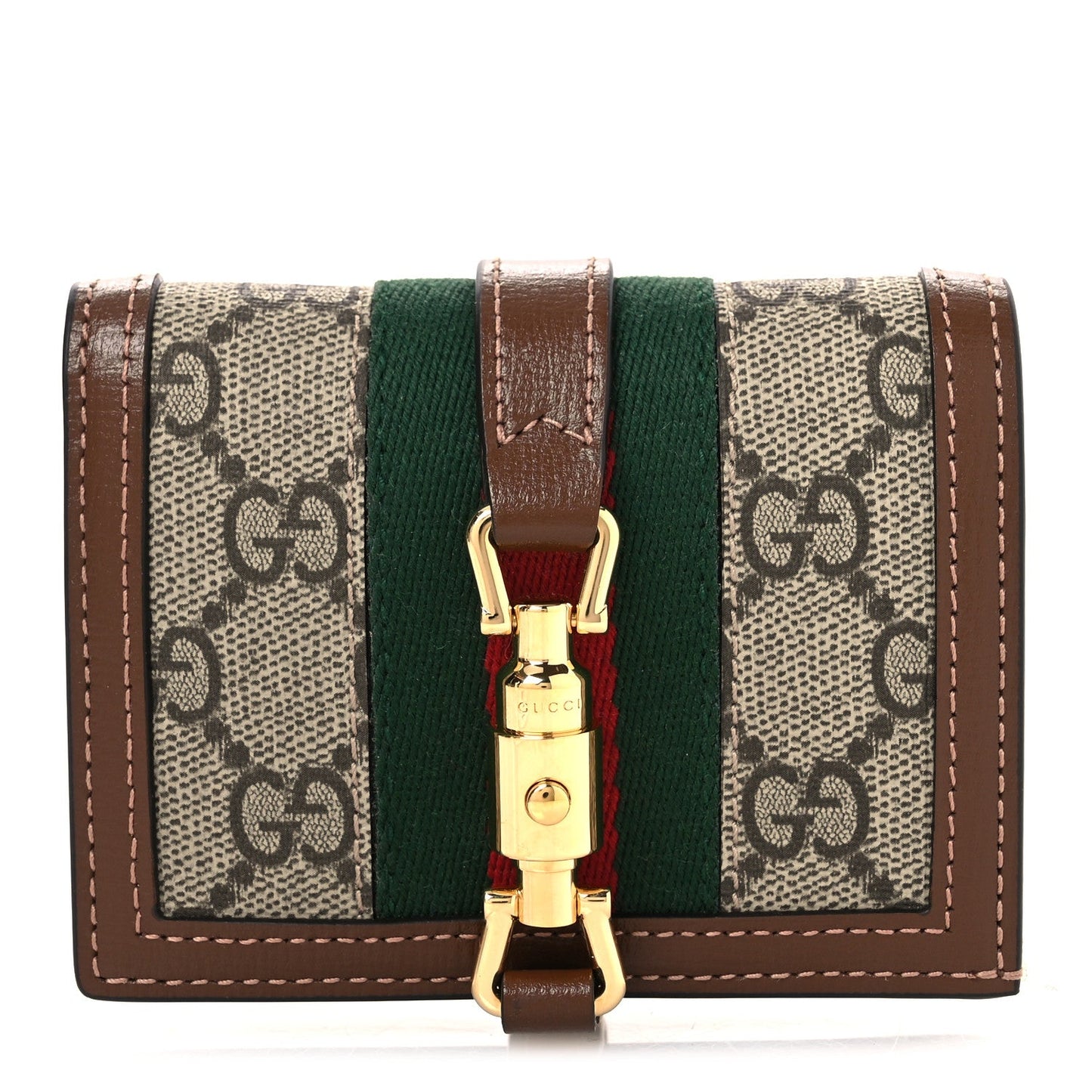 GG Supreme Monogram Textured Calfskin Web Jackie 1961 Card Case Beige Ebony Brown Sugar