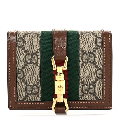 GG Supreme Monogram Textured Calfskin Web Jackie 1961 Card Case Beige Ebony Brown Sugar