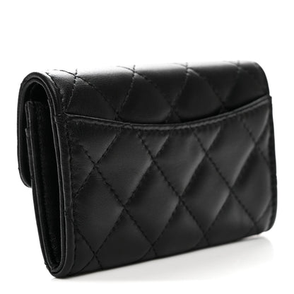 Lambskin Quilted Lucky Charms Flap Card Holder Wallet Black