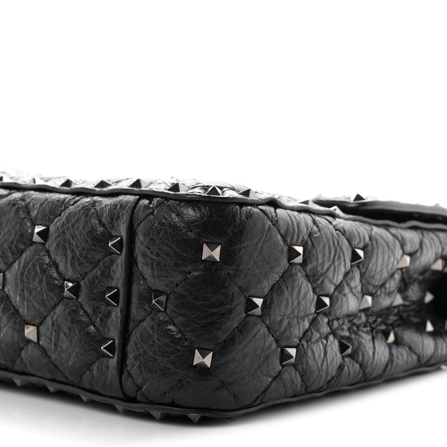 Craquele Nappa Medium Rockstud Spike Shoulder Bag Black