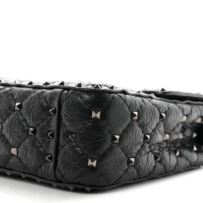 Craquele Nappa Medium Rockstud Spike Shoulder Bag Black
