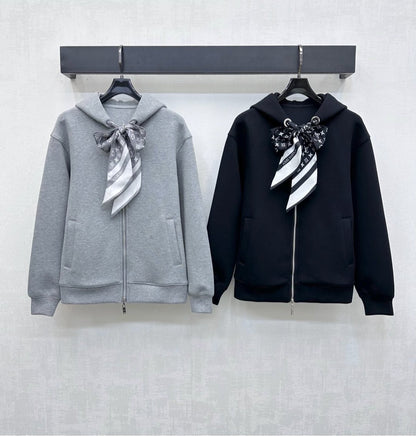 LV25 Silk Scarf Hooded Jacket Black Cotton 290214