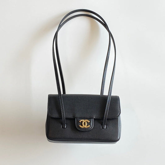 MM 26 Coco Long Shoulder Strap Flap Black Bag in Cowhide (Copy)