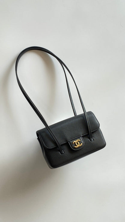 MM 26 Coco Long Shoulder Strap Flap Black Bag in Cowhide (Copy)