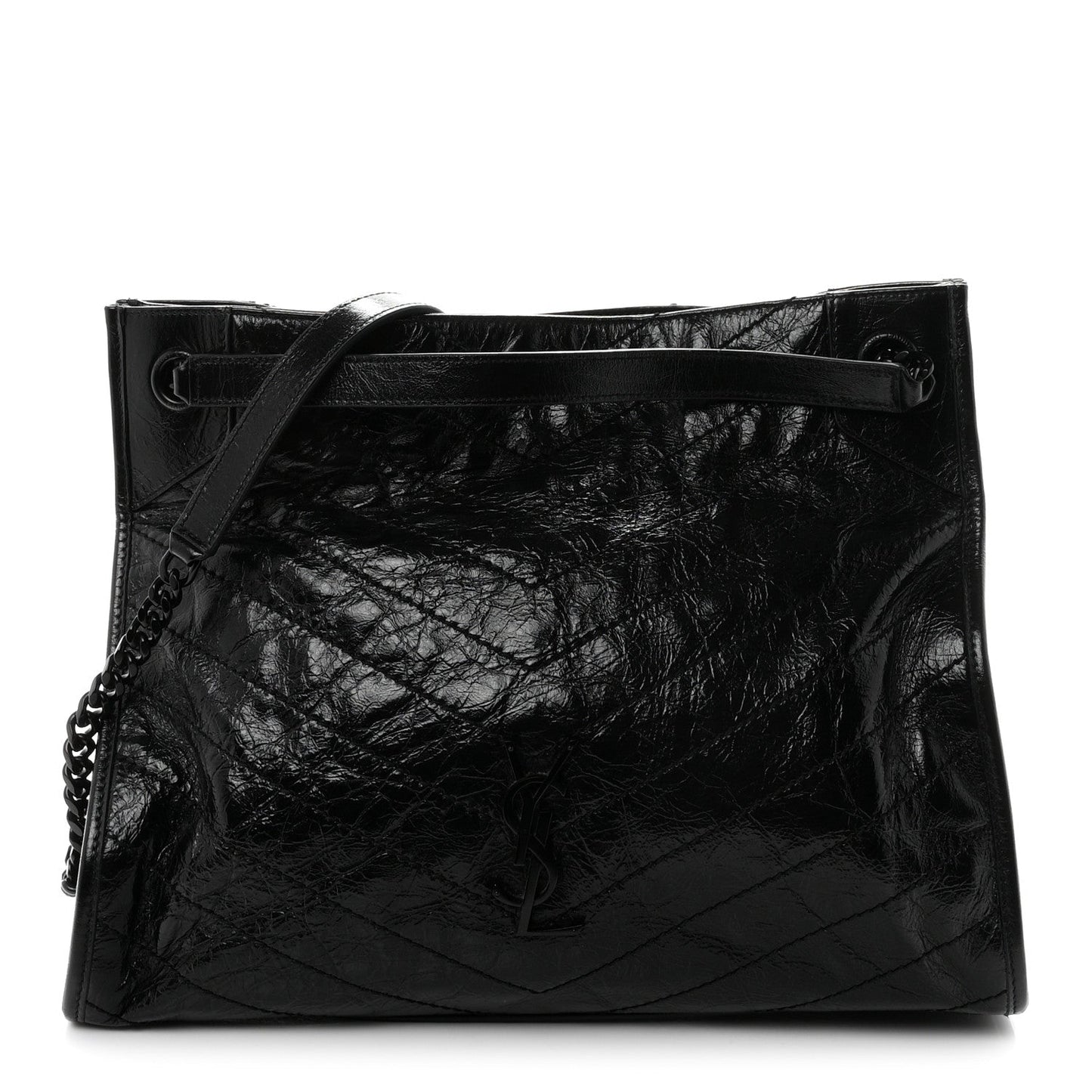 Crinkled Calfskin Matelasse Monogram Medium Niki Shopper Tote Black