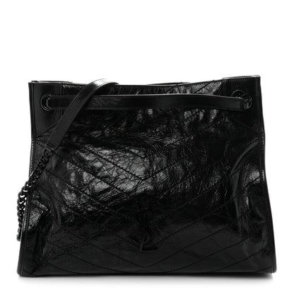 Crinkled Calfskin Matelasse Monogram Medium Niki Shopper Tote Black