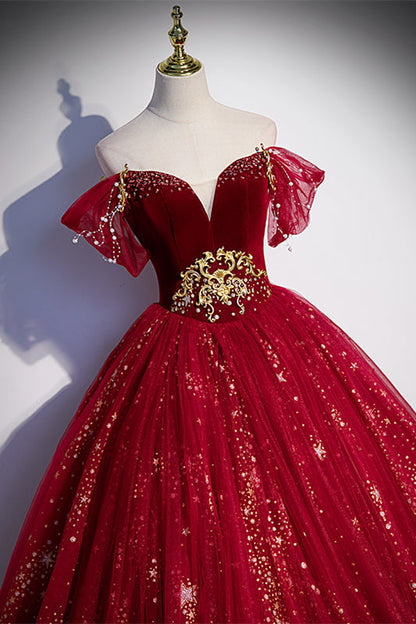 Sweetheart Off-Shoulder Tulle A-Line Sparkly Prom Gown