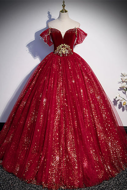 Sweetheart Off-Shoulder Tulle A-Line Sparkly Prom Gown