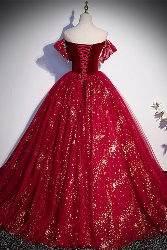Sweetheart Off-Shoulder Tulle A-Line Sparkly Prom Gown