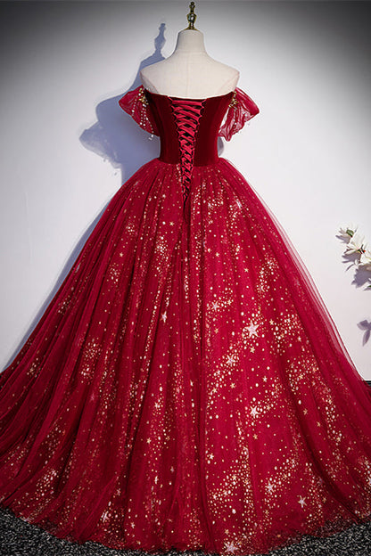 Sweetheart Off-Shoulder Tulle A-Line Sparkly Prom Gown