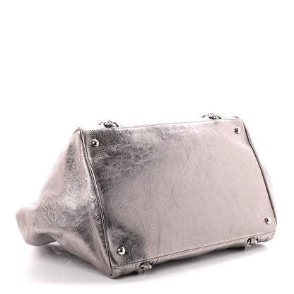 Metallic Cracked Calfskin Modern Chain Tote Dark Silver