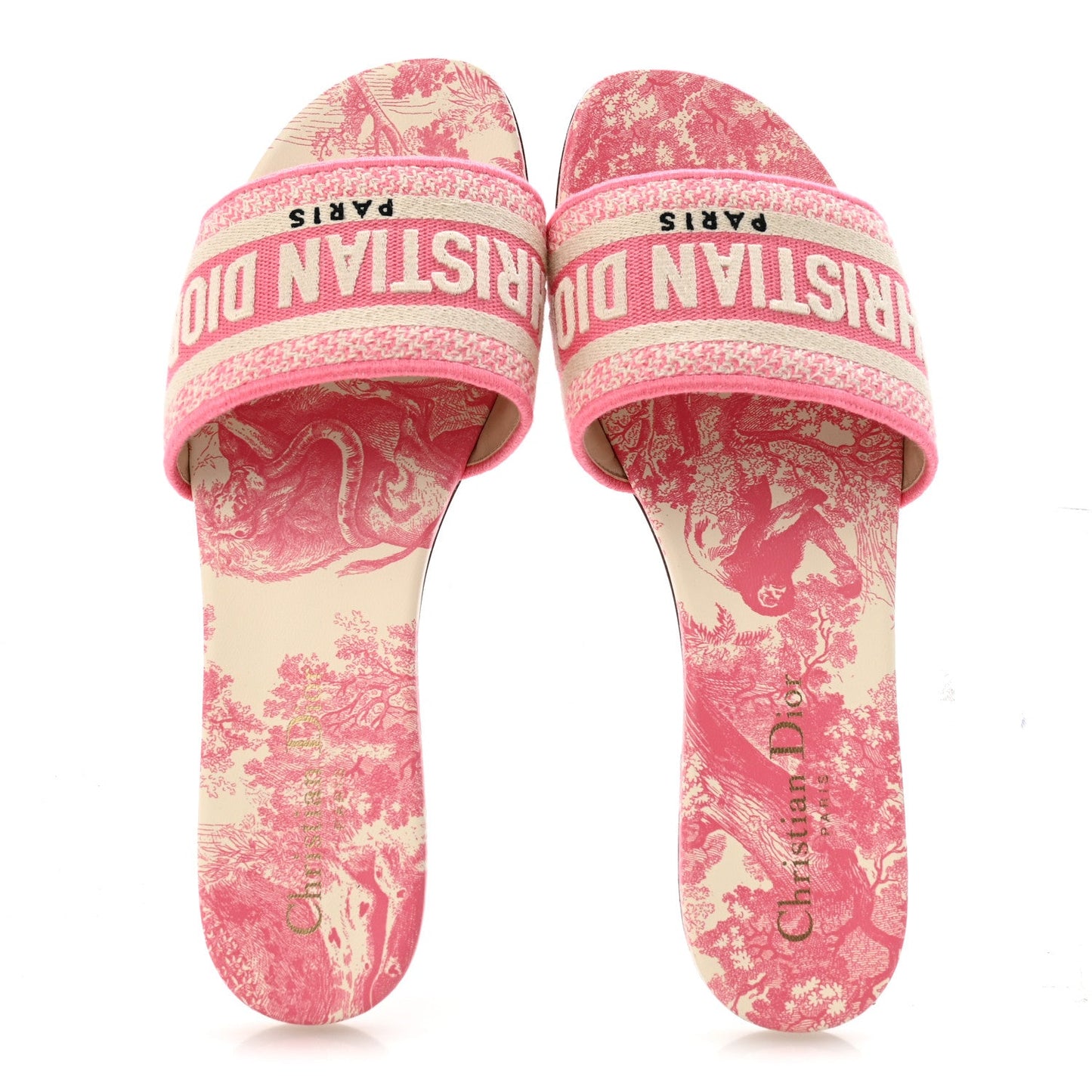 Canvas Toile de Jouy Embroidered Dway Flat Slide Sandals 37 Off White Pink