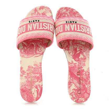 Canvas Toile de Jouy Embroidered Dway Flat Slide Sandals 37 Off White Pink