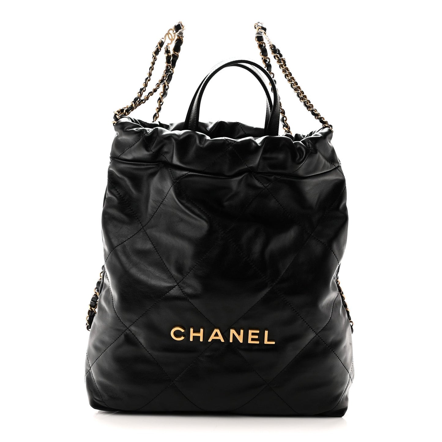 Shiny Calfskin Quilted Chanel 22 Backpack Black