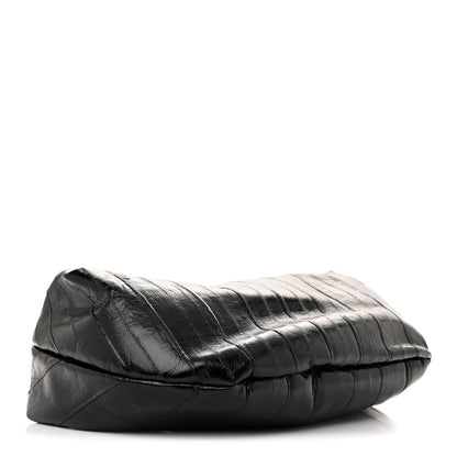 Glossy Calfskin Eelskin Embossed Medium Olivia Hobo Black