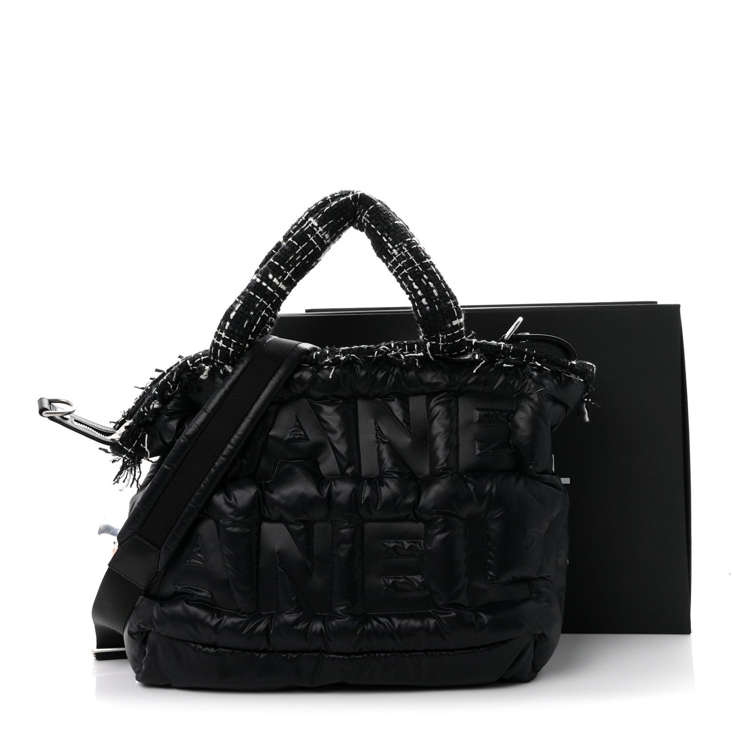 Tweed Nylon Embossed Large Doudoune Bowling Bag Black