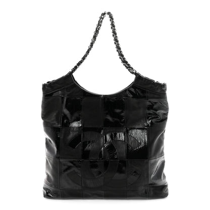 Patent Calfskin Patchwork Brooklyn Tote Black