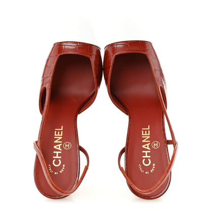 Calfskin Crocodile Embossed Patent Cap Toe Slingback Pumps 39 Dark Red White
